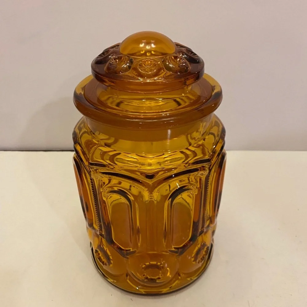 Vintage LE Smith Moon and Stars Amber Glass Cannister 9.5”